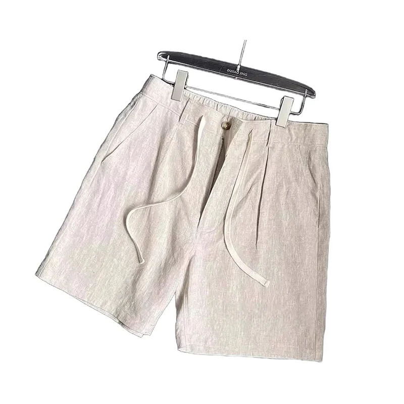 Men's Summer Lightweight Breathable Drawstring Linen Suit Shorts with a High-End Feel, Ice Silk Casual Knee-Length Shorts