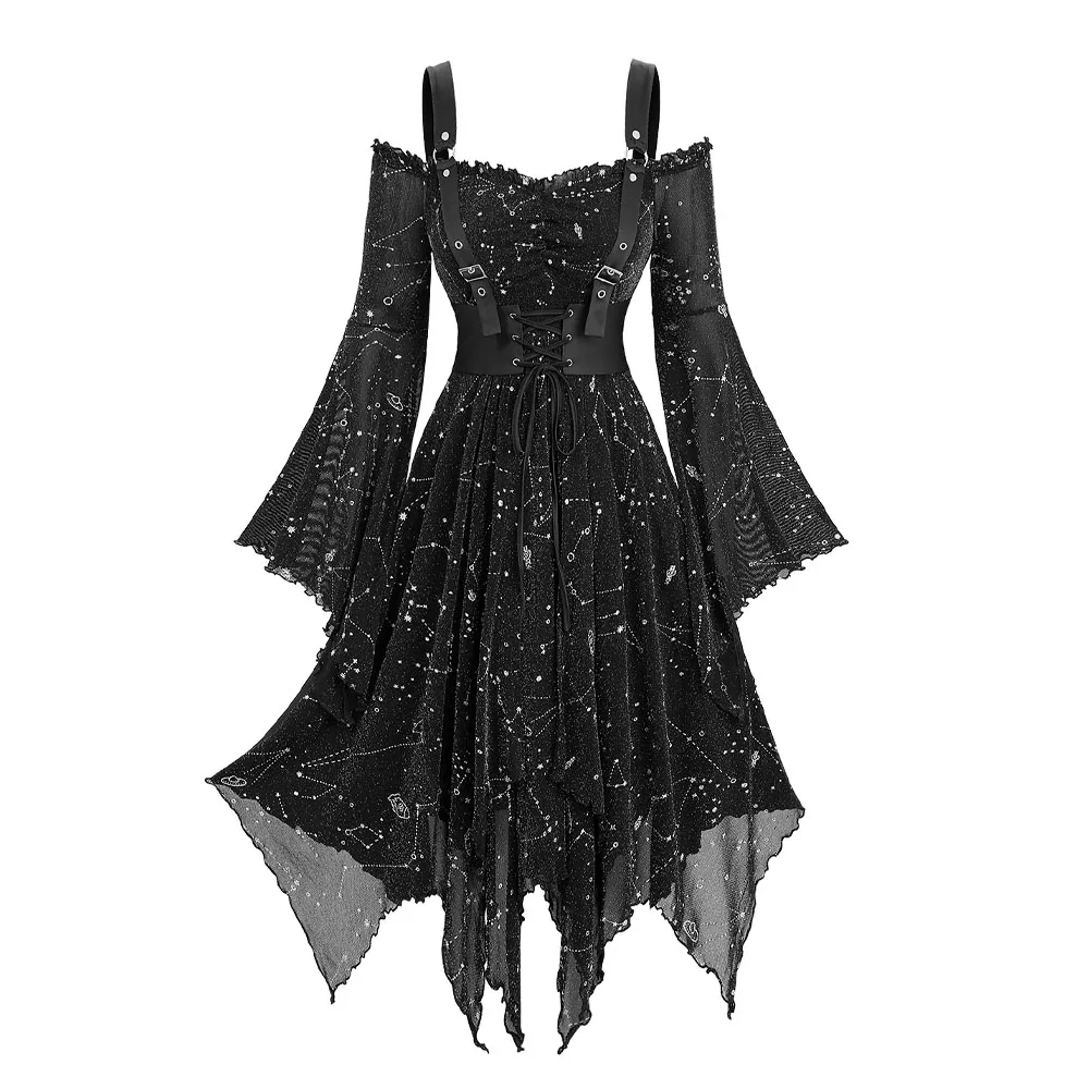 Preto gótico vitoriano punk vestido galáxia prata impresso mangas compridas alargamento vestidos de ombro frio para mulheres outono