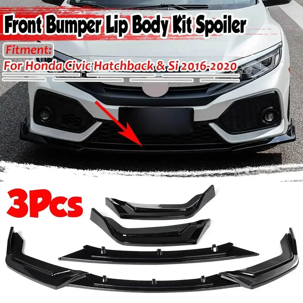 

3Pieces Car Front Bumper Lip Deflector Lips Splitter Spoiler Guard Cover For Honda For Civic Hatchback & Si 2016-2020 Body Kit