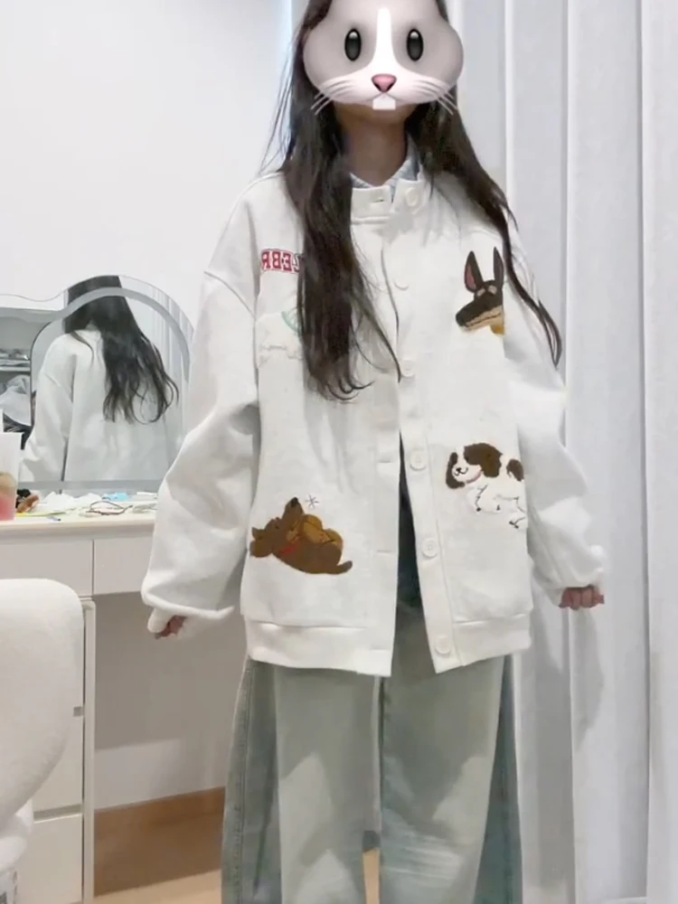 Koreaanse Lazy Sle Leuke Cartoon Hond Borduren Sweatshirt Jaet Dames Lente Herfst Losse Casual Paar Open Vest Top