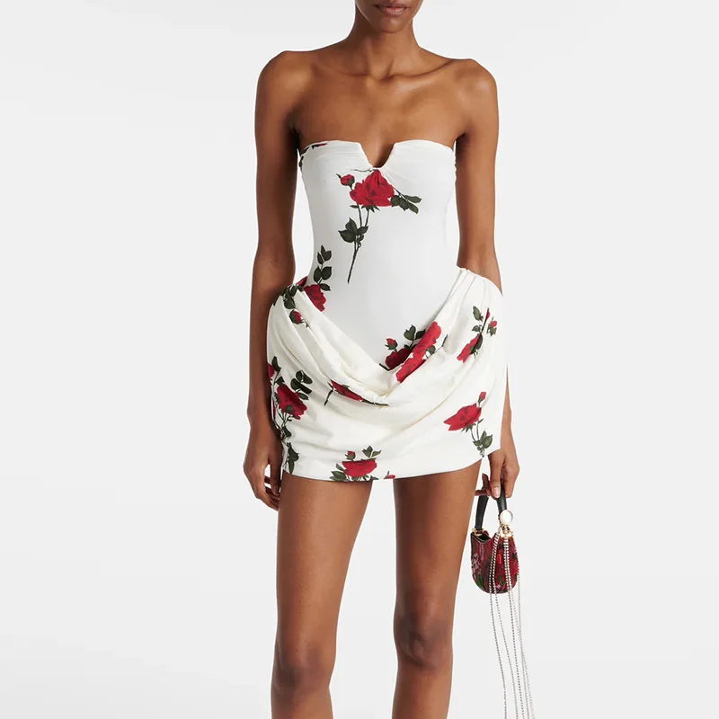 

Women's Clothes Sexy Printing Chest Wrapping Dress High End Elegant Off Shoulder Slim Elastic Force Mini Dresses Summer New 24
