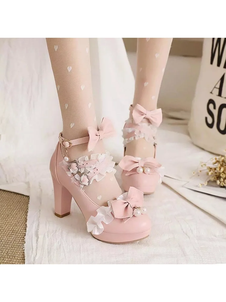 

Lolita Sweet Bow Strap Thick Custom Shoes 2025 Summer New Cute Girl Mary Jane High Heels