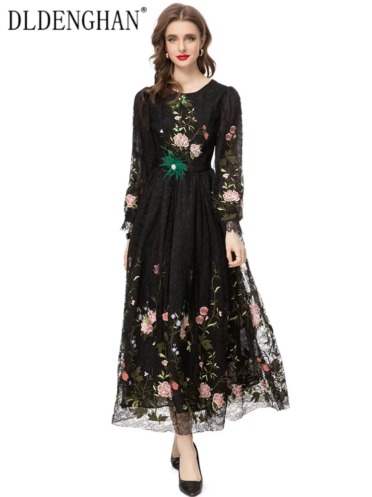 

DLDENGHAN Spring Lace Dress Women O-Neck Lantern Sleeve Floral Embroidery Crystal Beading Vintage Dresses Fashion Designer New