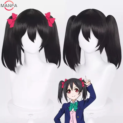 Peluca de Cosplay Nico Yazawa de alta calidad, coletas largas de 40cm, pelo negro, pelucas sintéticas resistentes al calor + gorro de peluca
