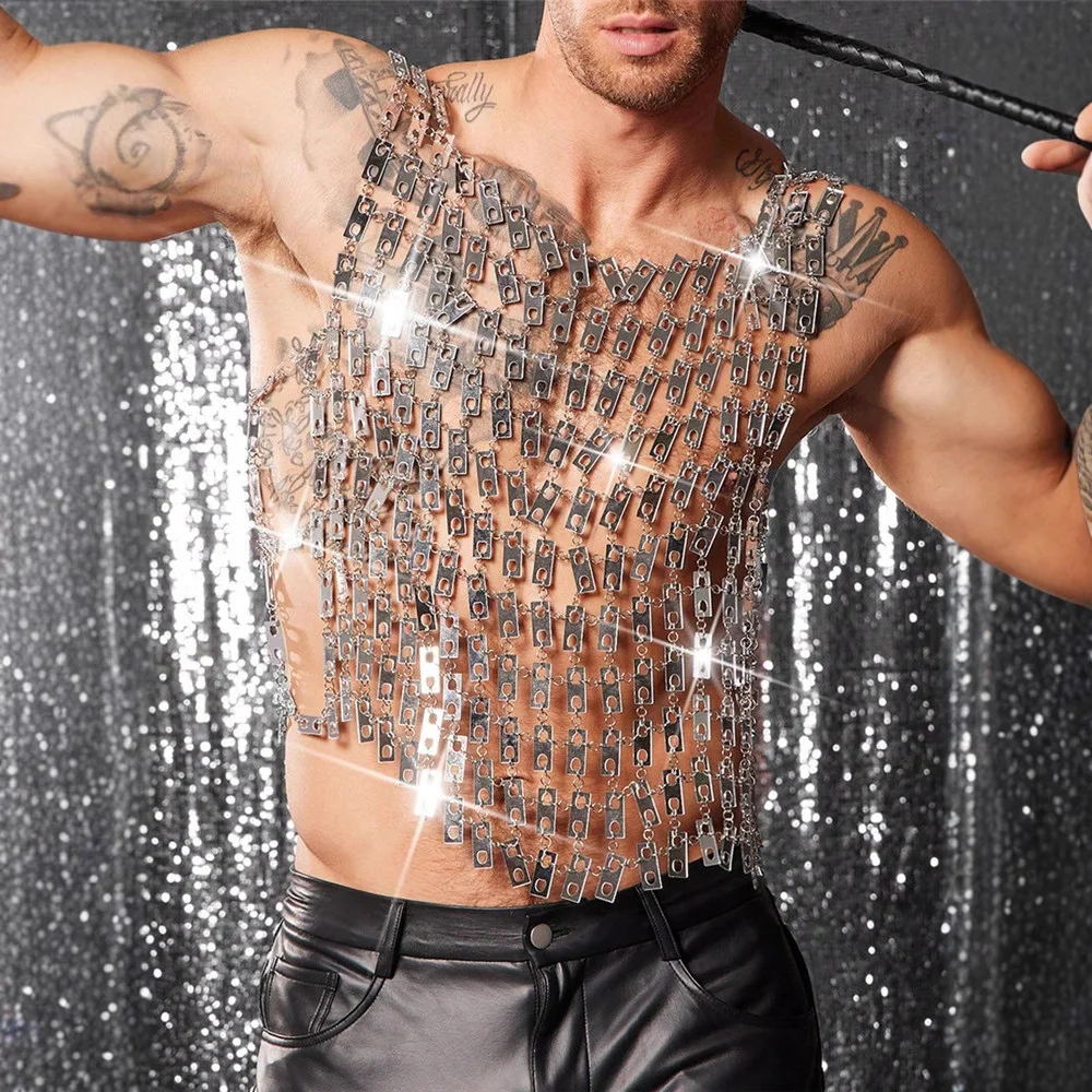 Luxury Men's Party Vest Sliver Sheer Mirror Tank Top Backless Cut Out Muscle Slim Fit Top For Man Going Out Clubwear Lingerie