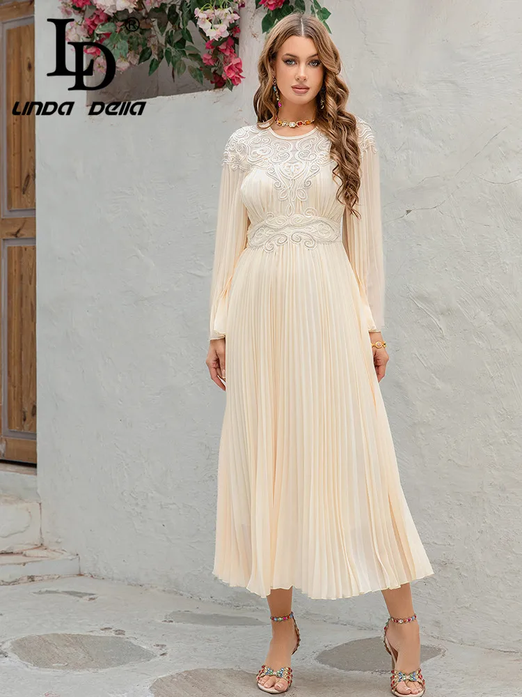 

LD LINDA DELLA 2025 Summer New Women's Round Neck Long Sleeve Plate Flower Crimson Embroidery Banquet Dress Long Skirt