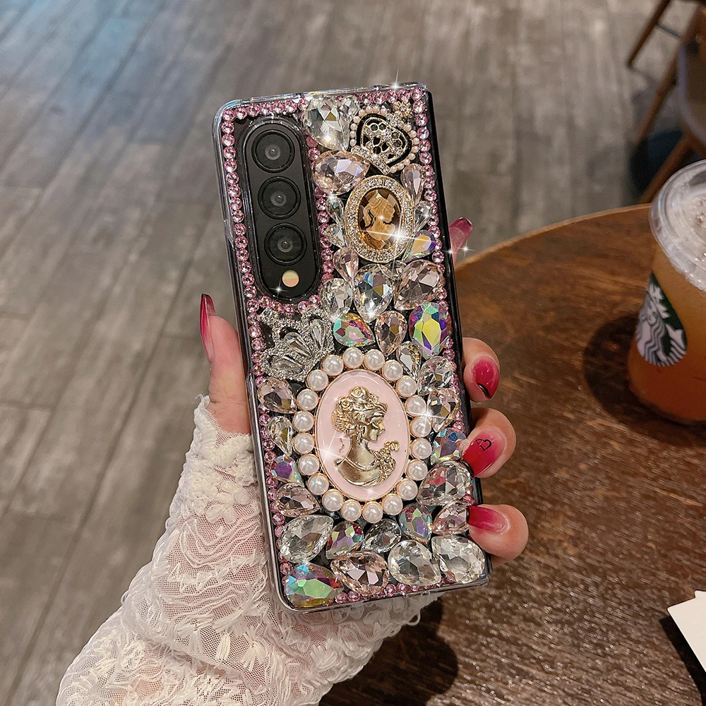 Retro Pearl Relief Goddess Portrait Phone Case For Samsung Galaxy Z Fold 6 5 4 3 Rhinestone Crystal  Crown Clear Hard PC Cover