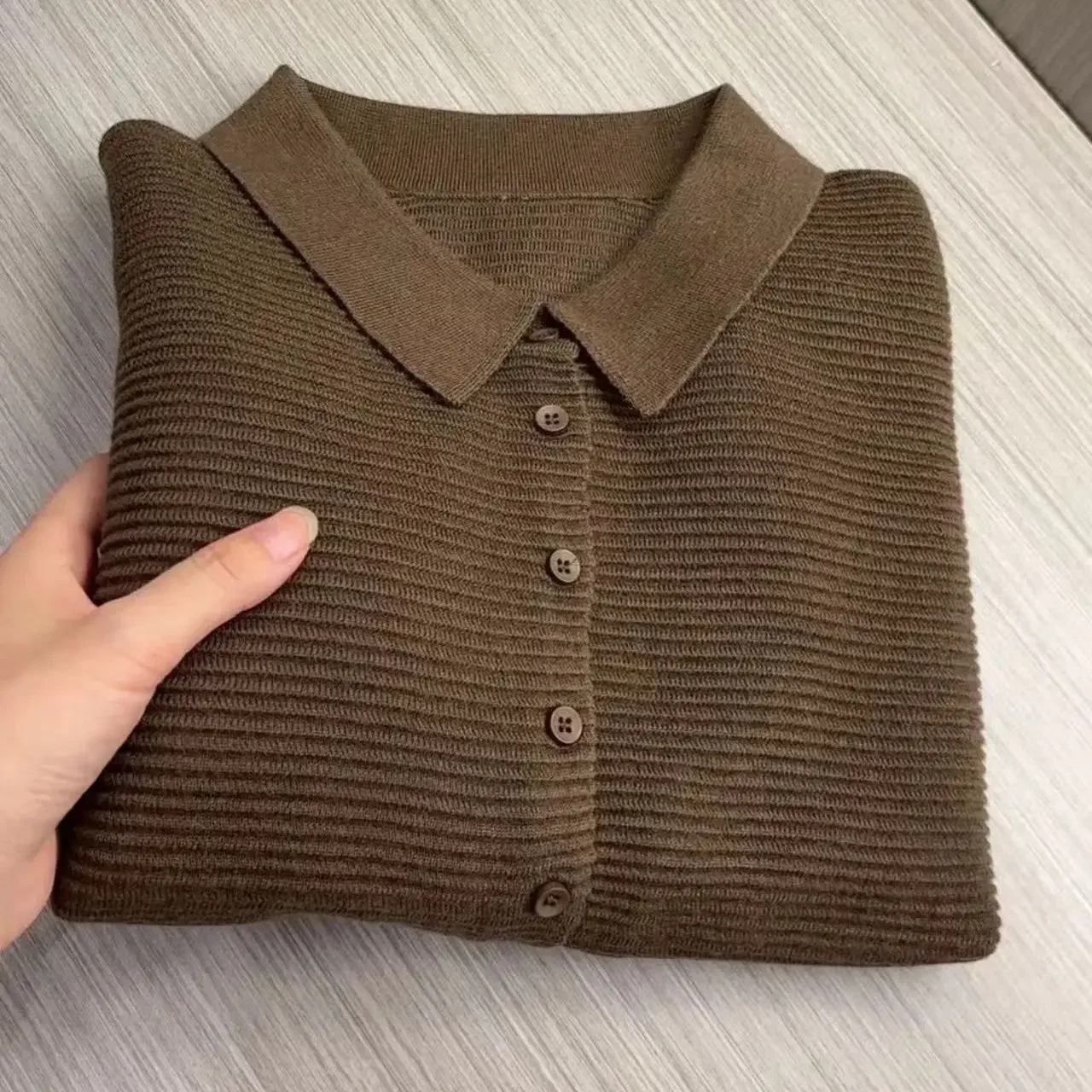 

Loose and Slim Versatile Long Sleeve Bottom Casual Top Spring and Autumn New Polo Collar Solid Color Knitted Cardigan for Women