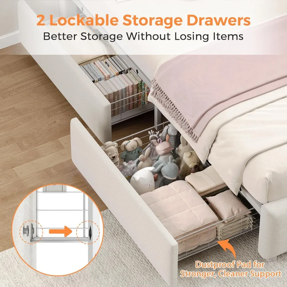 โครงเตียงควีนไซส์พร้อมหัวเตียงแบบมีกระดุม เตียงเก็บของสำหรับเด็กผู้หญิงพร้อมลิ้นชักสองชั้น โครงไม้จริงแบบไม่ต้องใช้สปริง