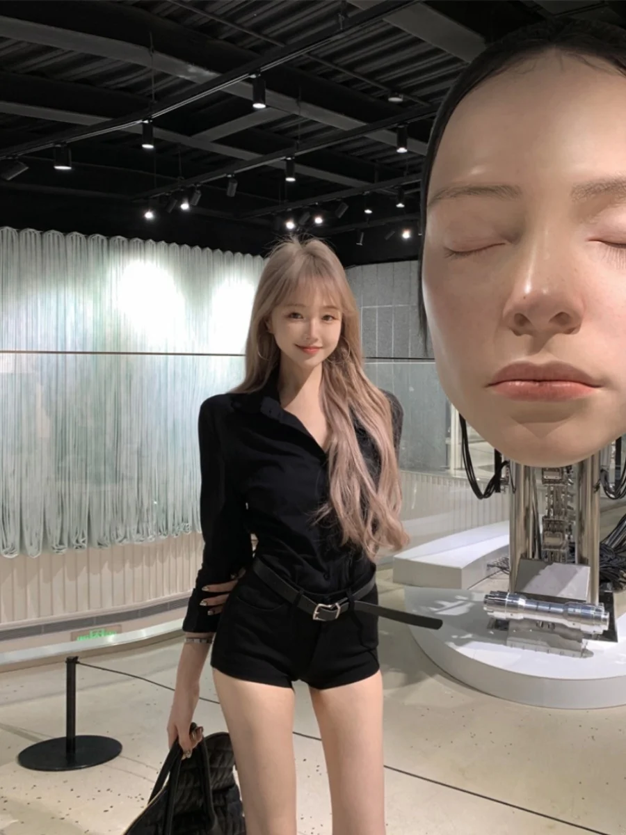 

Ele Collar Long Sve irt Jaet Women Loose Slimming Sun Protection Bla Versatile Sli Top Summer