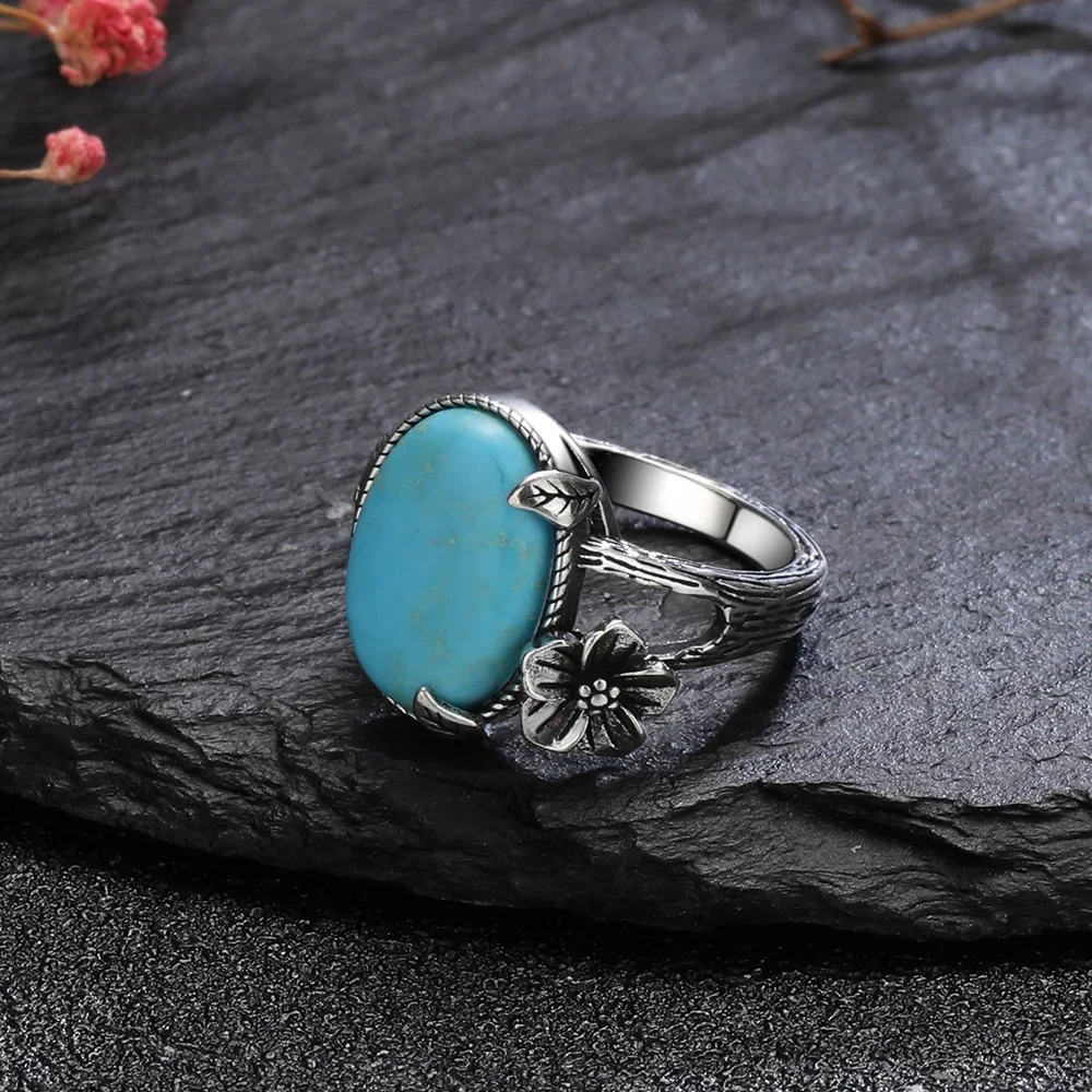 Natural 10*14mm Turquoise Ring 925 Sterling Silver Rings for Women Vintage Leaf Sun Flower Finger Ring Luxury Fine Jewelry Gift