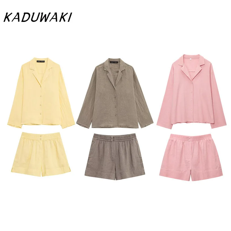 

KADUWAKI Fashion Solid Single-Breasted Long Sleeves Lapel Shirt Top Chic Elastic Waist Pocket Decorate Casual Shorts 2-piece Set