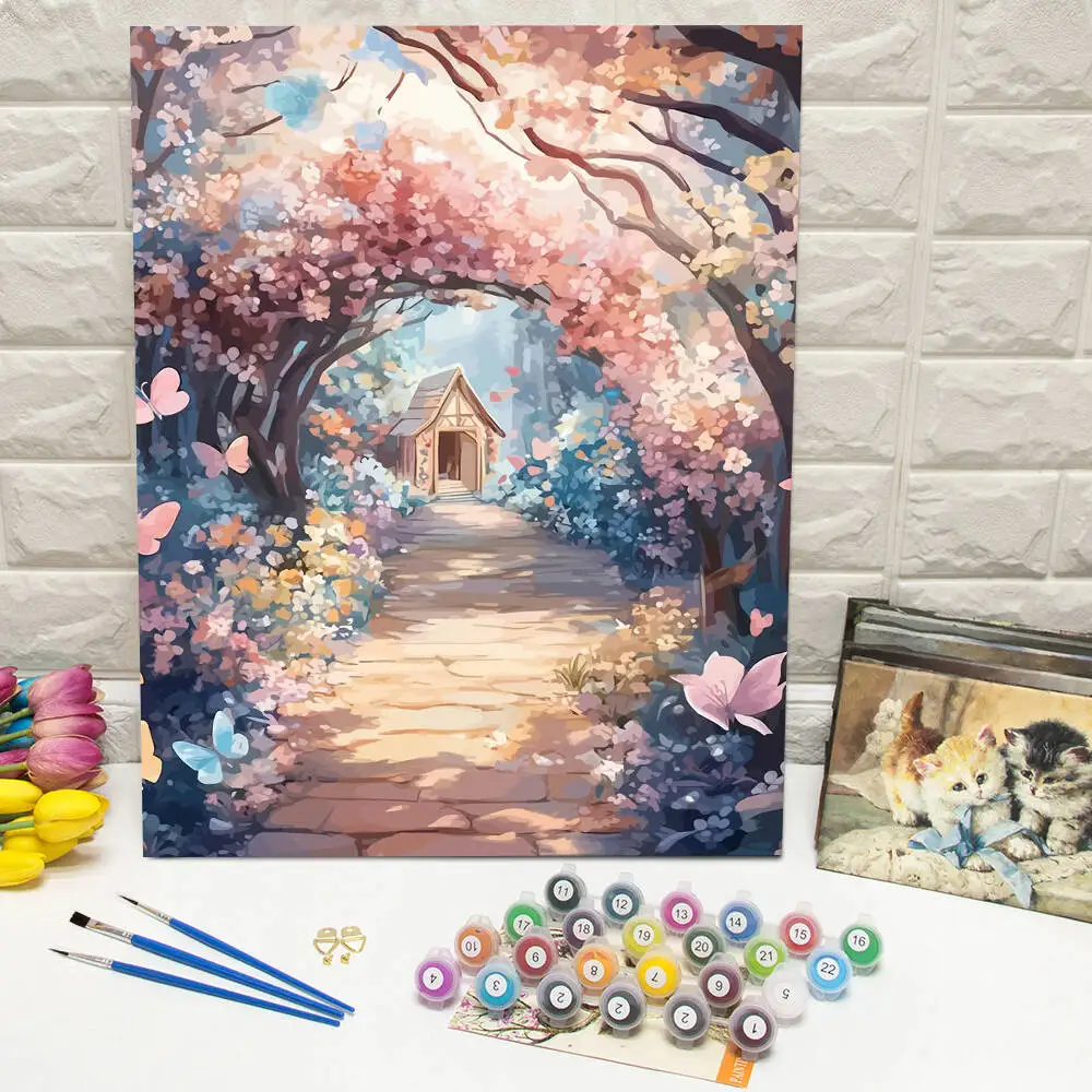 Ölgemälde nach Zahlen, Berglandschaft, DIY, digitale Malerei, Haus, Baum, Landschaft, Bild, Kunsthandwerk auf Leinwand, handgemaltes Geschenk