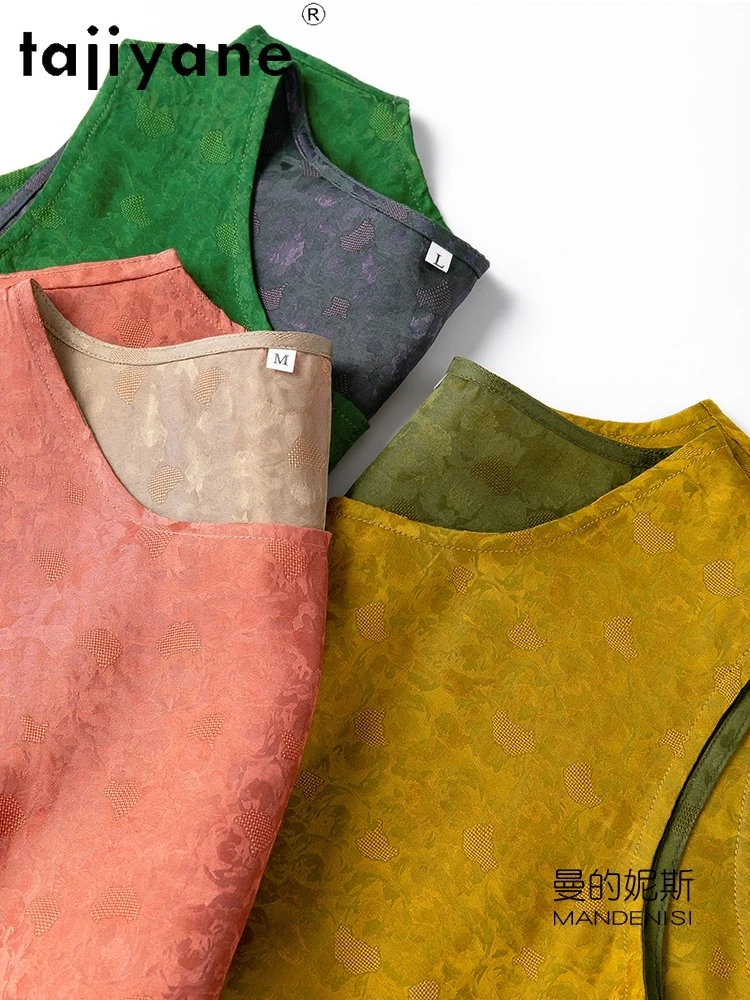 TAJIYANE 100% 멀 베리 실크 탱크 탑 여성 2025 빈티지 자카드 민소매 여름 탑 가역 조끼 여성 의류 кроп топ