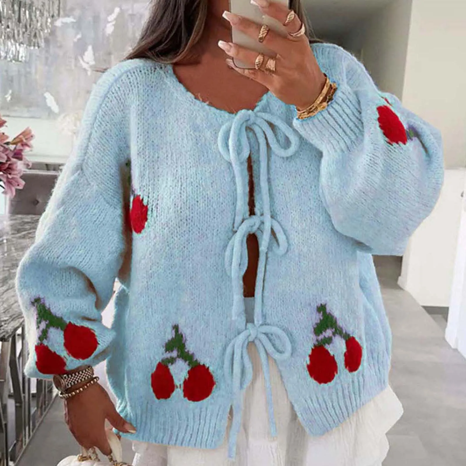 Women Tie Front Knit Cardigan Cherry Pattern Long Sleeve Crew Neck Loose Sweater for Fall Winter