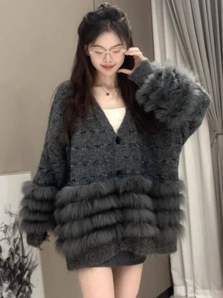 ZMEENNA Womens Elegant Faux Fur Trim Knit Cardigan Sweater With V Neck And Button Closure Casual Outerwear ZM3643
