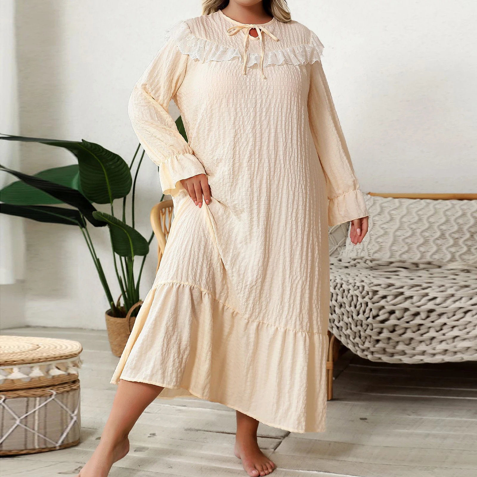 ผู้หญิง PLUS ขนาด Nightgown หลวมลูกไม้ Trim รอบคอยาวแขนยาวชุดนอนชุดลําลองชุดนอนหลวม PLUS ขนาดชุด