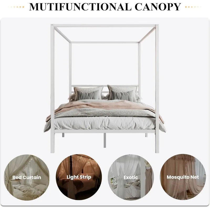 Metal Canopy Bed Frame Full Size/Mattress Foundation with Metal Slats Support/No Box Spring Needed/Easy Assembly/White