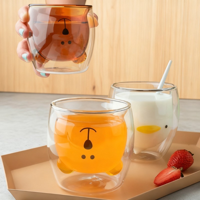  Cute Bear Double-layer Glass Mug Cartoon Cat Dog Heat Resistant Transparent Glass Cup Milk Coffee Cup Juice Beer drink cups 