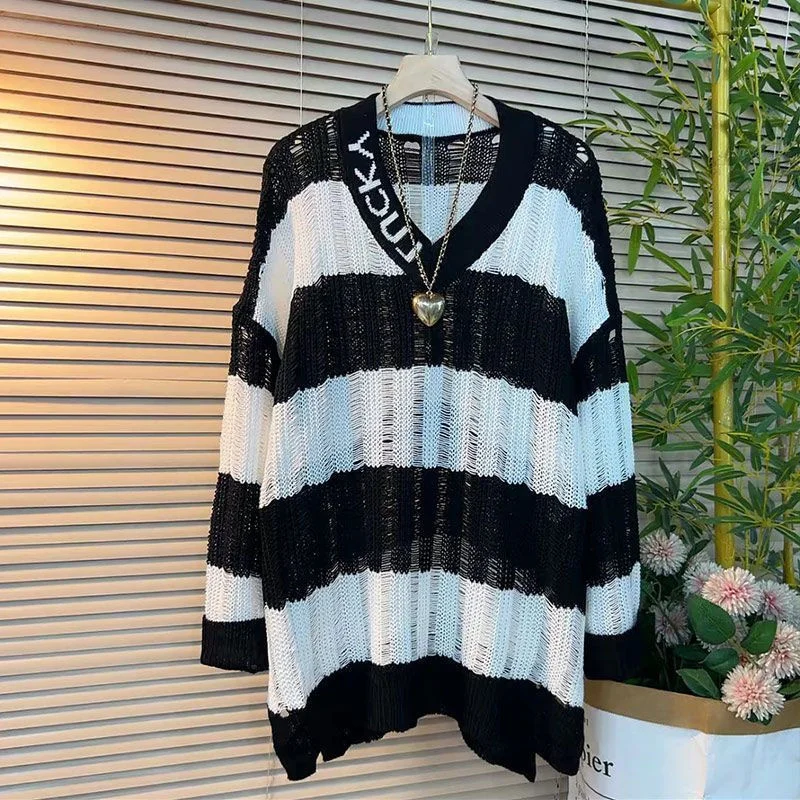 

plus Size 300 Pou Women's Casual Loose V-Ne Long Sve Knitwear Autumn Korean Striped Top for Pear Body pes
