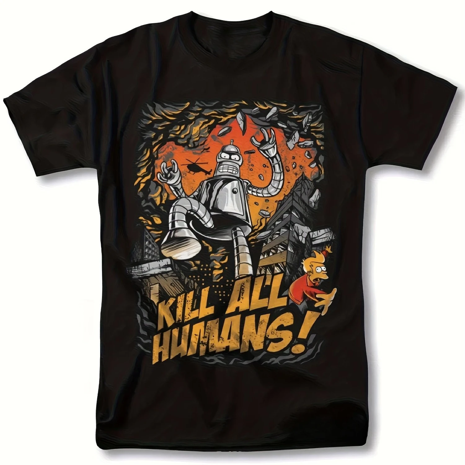 تي شيرت Futurama Bender Robot Kill All Humans برسوم جرافيك سوداء بأكمام قصيرة ورقبة دائرية مع تصميم انفجار اللهب