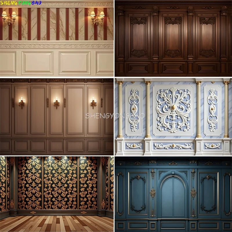 

Luxury Classic Interior Wall And Floor With Mouldings Photography Backdrops Cabinet Gold Frame Wood Paneling Background MD-01