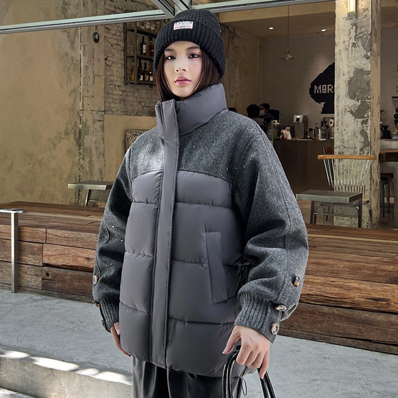 

Корейская куртка с воротником-стойкой и блестками, хлопковая стеганая куртка, пальто, женская зимняя новая свободная теплая верхняя одежда с длинными рукавами, тренд