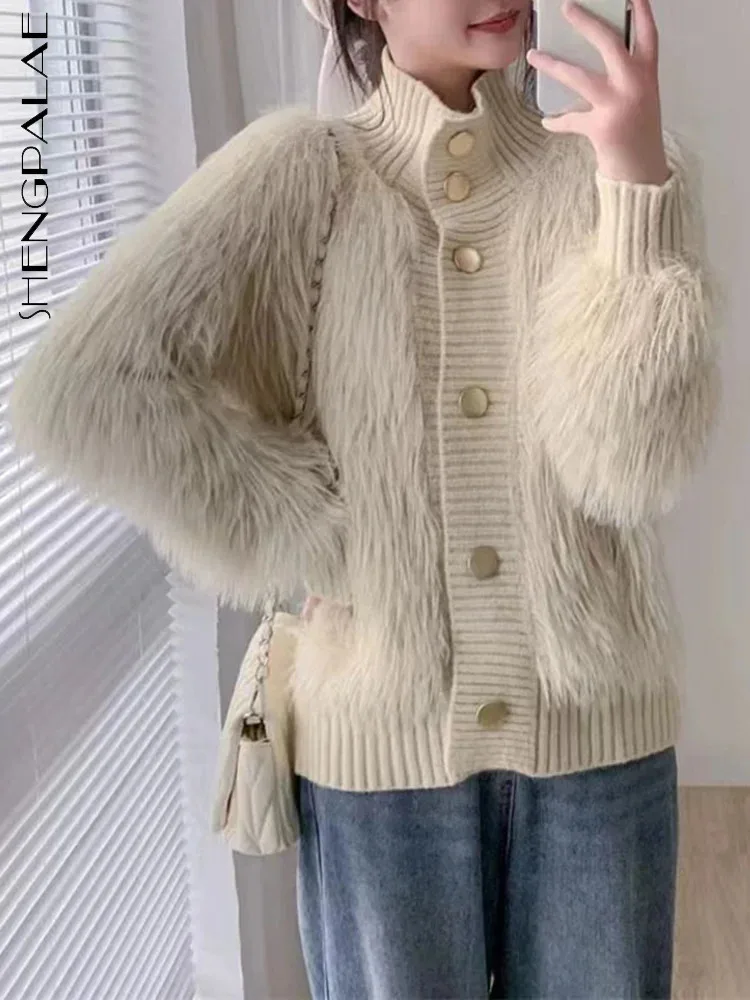 SHENGPALAE Knitted Spliced Faux Fur Sweater For Women Turtleneck Full Sleeve Single Breasted Solid Color New Clothing 5G121