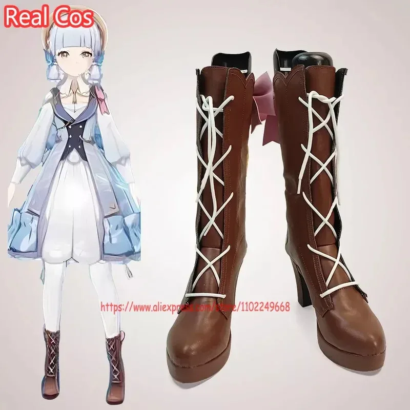 

RealCos Kamisato Ayaka Shoes Косплей Игра Genshin Impact Камисато Аяка Коричневые кожаные сапоги на высоком каблуке Хэллоуин на заказ