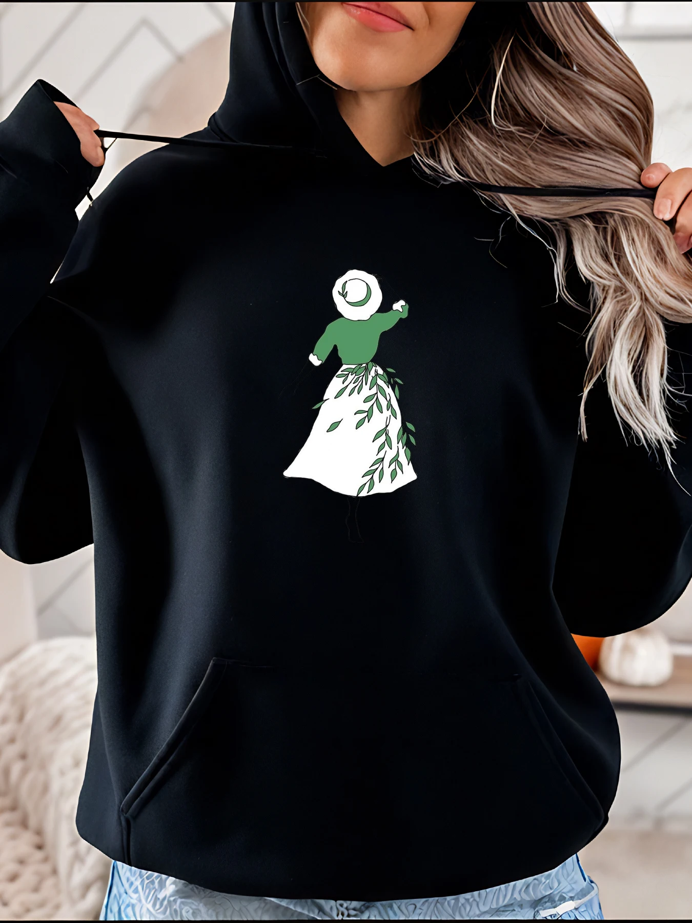Abito verde Donna Stampa Felpa con cappuccio Stile casual Dettaglio foglia Donna Autunno Inverno Indossare
