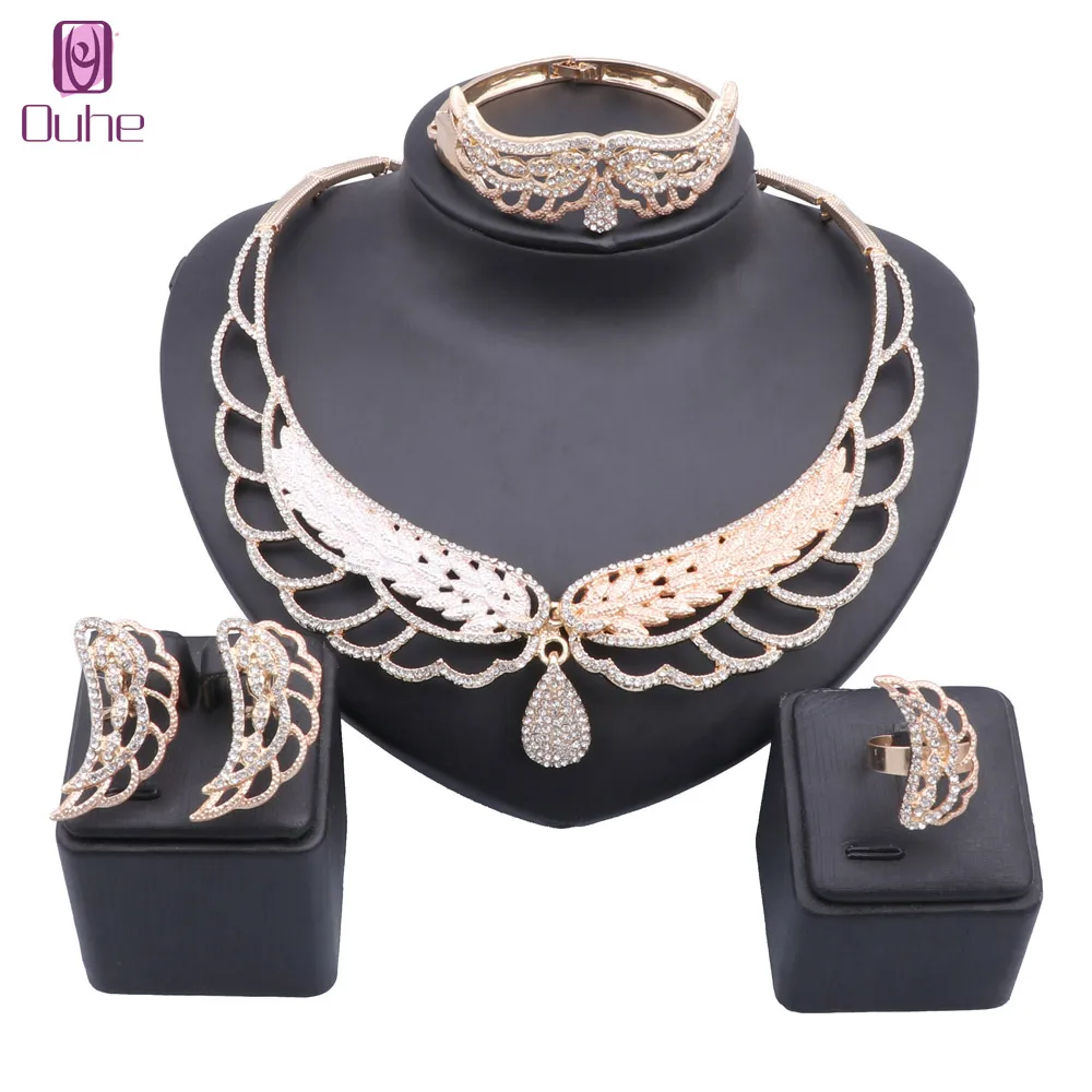 

Women Rhinestone Bridesmaid Angel Gold Color Necklace Earring Bangle Ring Set For Wedding Party Jewelry Set