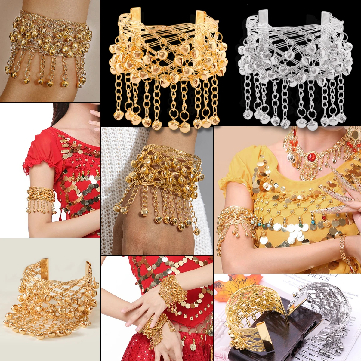 

Ethnic Dance Decoration Accessories Metal Weaving Arm Bracelets Big Bangles Small Bells Adjustable Open Bangle Fashion Ornaments