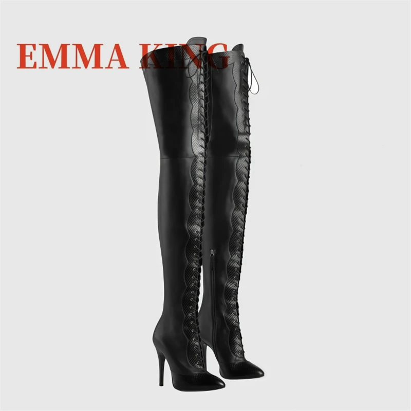 

Сапоги выше колена на шнуровке из искусственной кожи, длинные сапоги на высоком каблуке-шпильке, ботильоны до бедра, свадебные туфли с перекрестной завязкой, размер 35-45