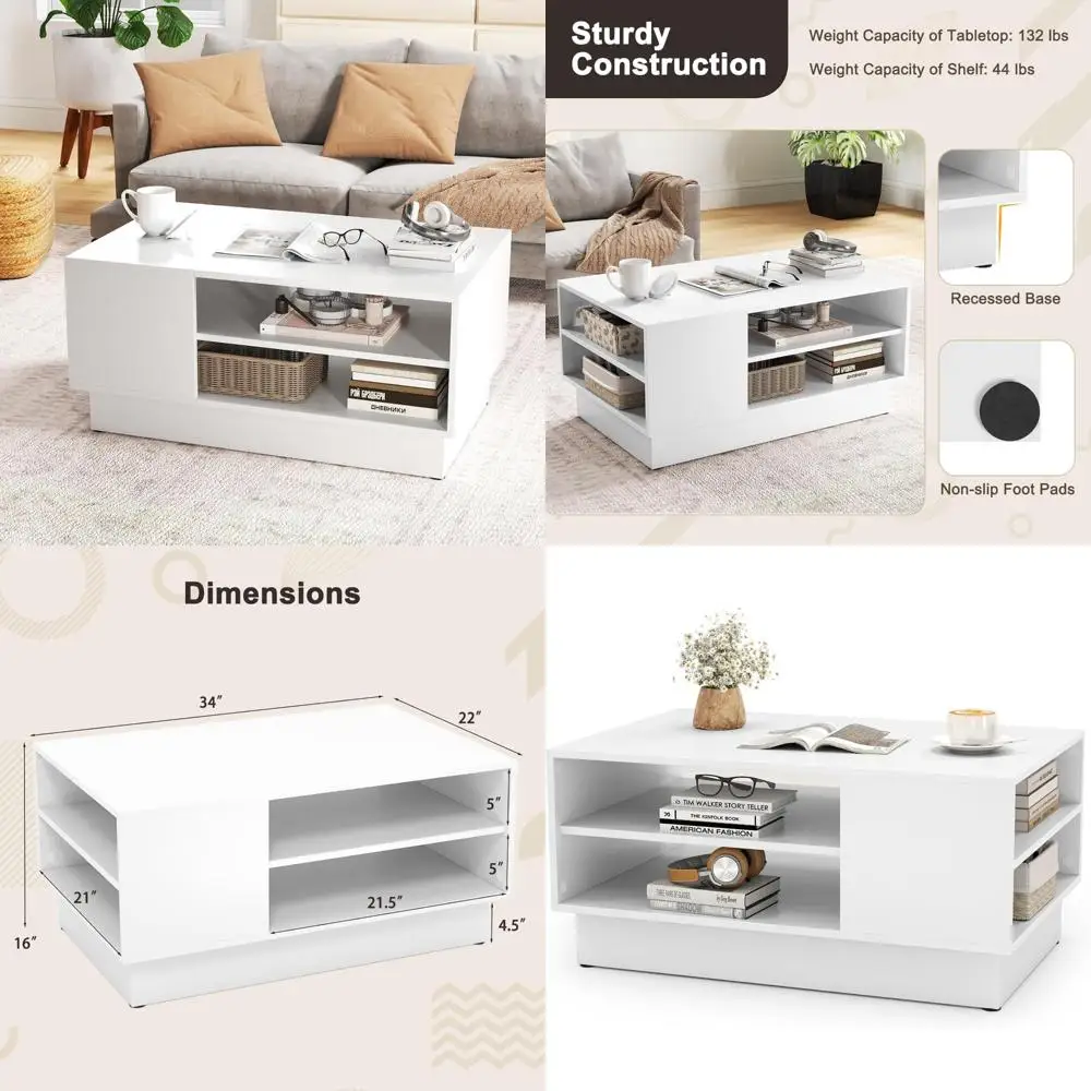 

Contemporary Rectangular Coffee Table with 34 Wooden Top and Dual-Tier Open Shelving for Storage