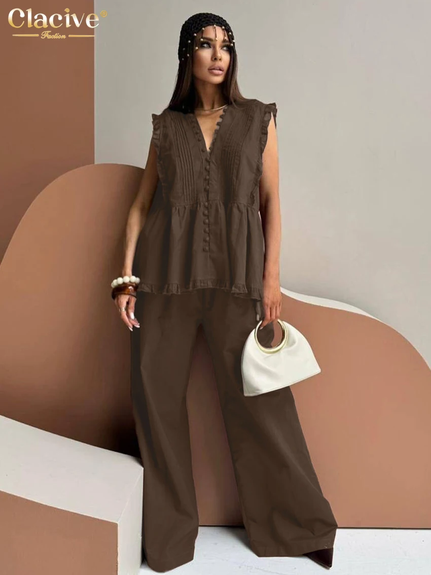 

Clacive Summer Loose Black Cotton Trousers Sets Woman 2 Pieces Elegant Sleeveless Tank Top With High Waist Wide Pants Set Female
