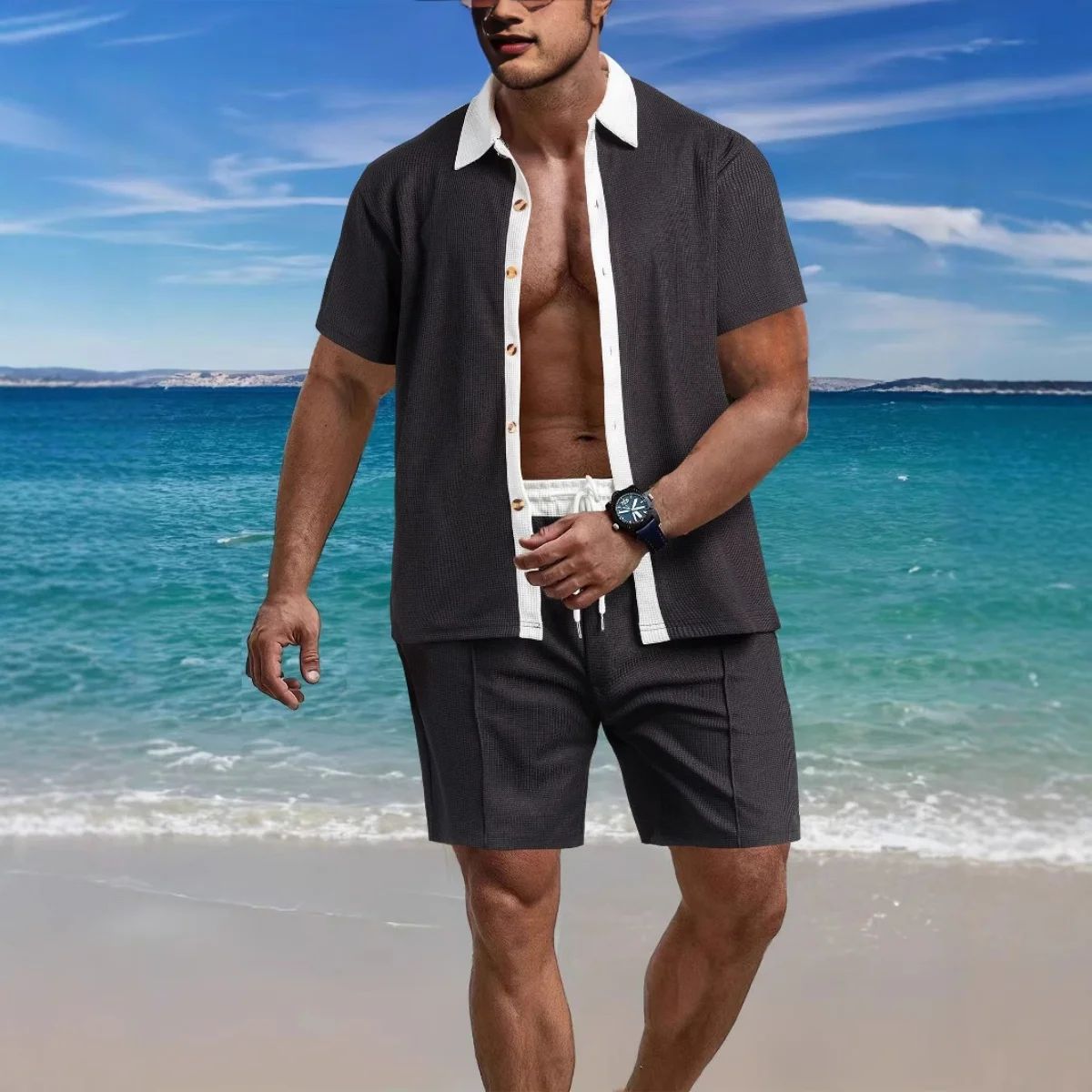 Men's 2025 Summer Casual Waffle Fashion All-match lapel button-down color shirt short-sleeve shorts set