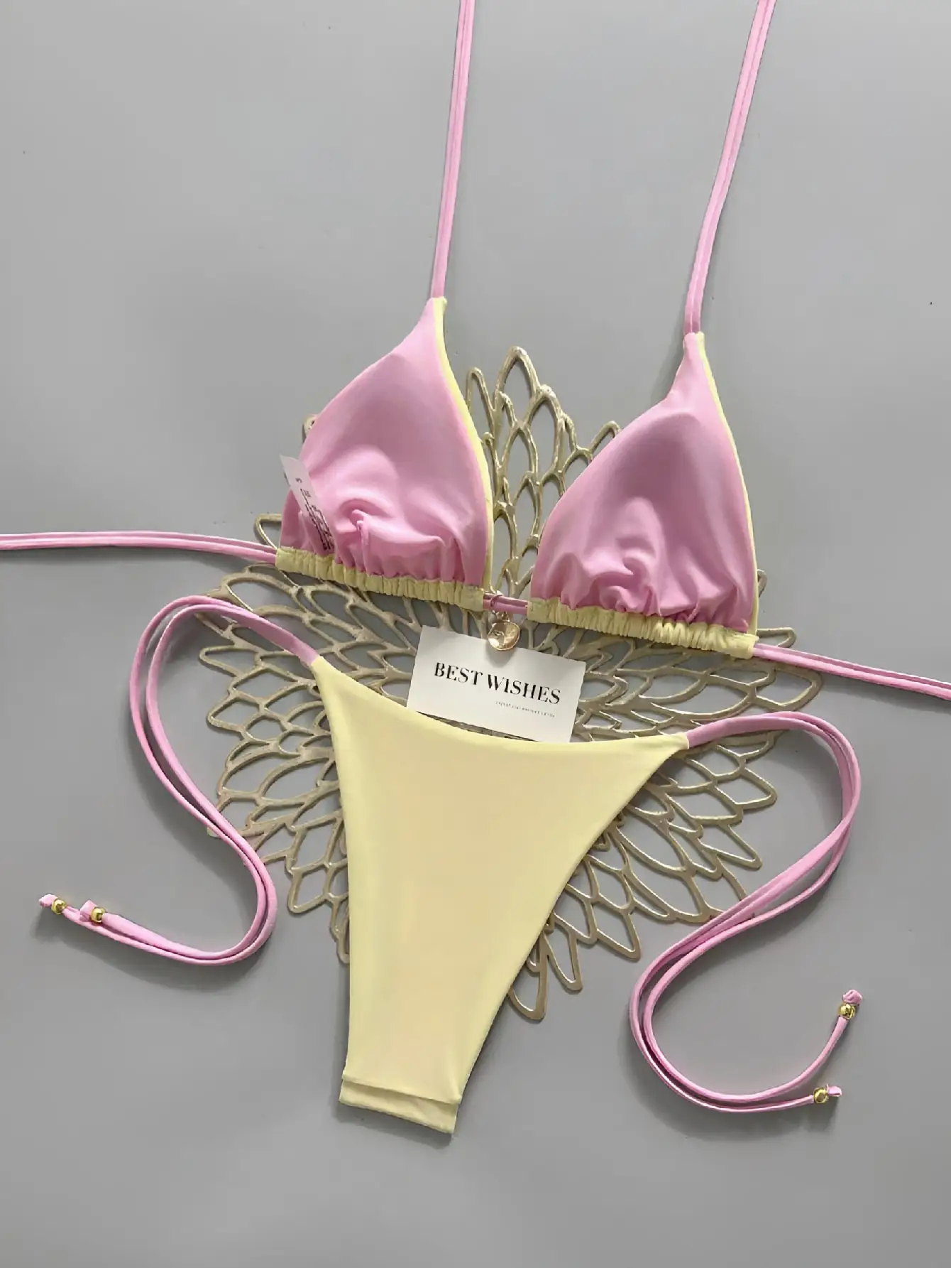 Cute Pastel Yellow Pink Bikini Set Halter Triangle Top Side Tie High Cut Bikini Summer Holiday Beach Swimsuit