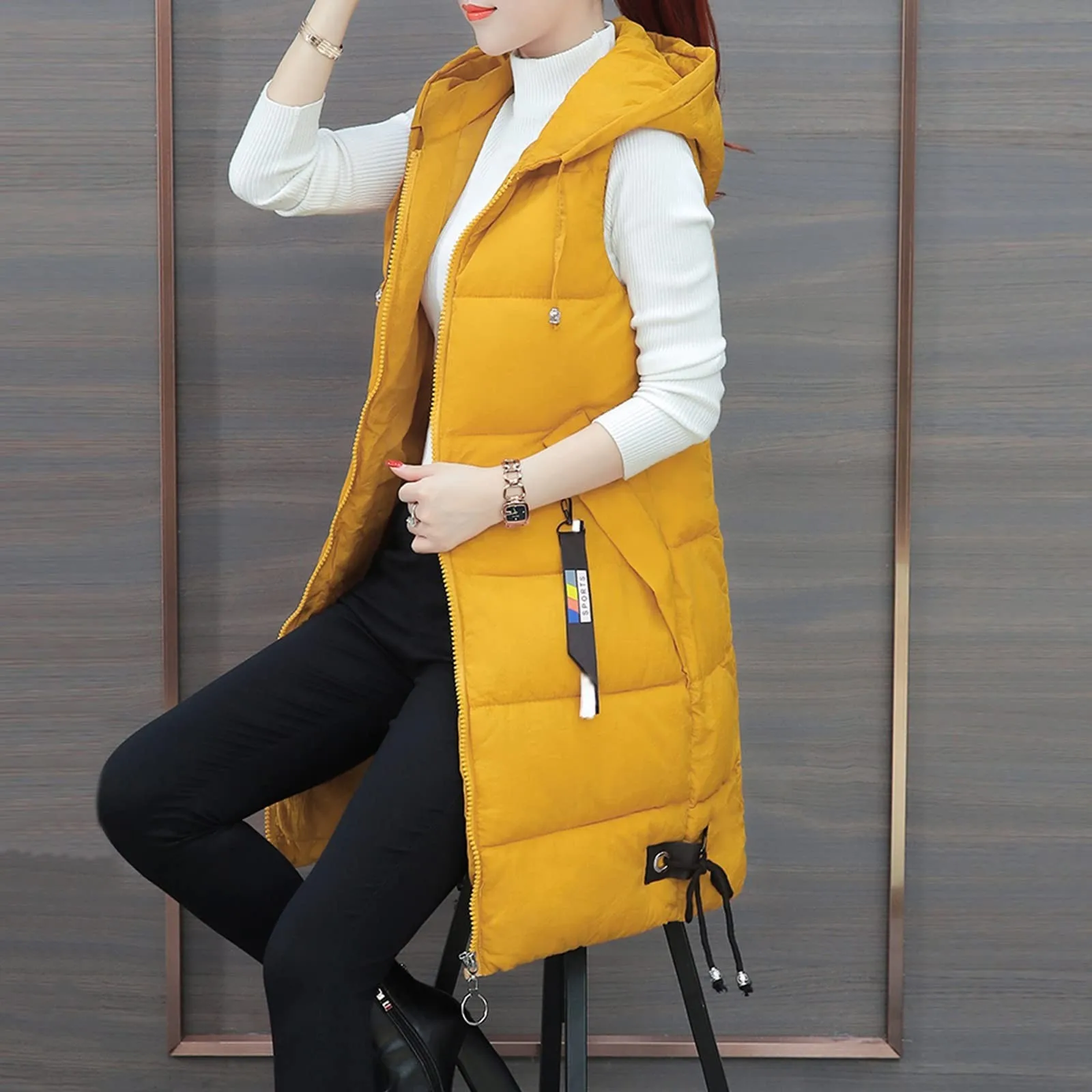 Women\'S Autumn And Winter Temperament Sleeveless Cardigan Mid-Length Cotton Vest Vest Coat Abrigos Mujer Invierno Chamarras Muje