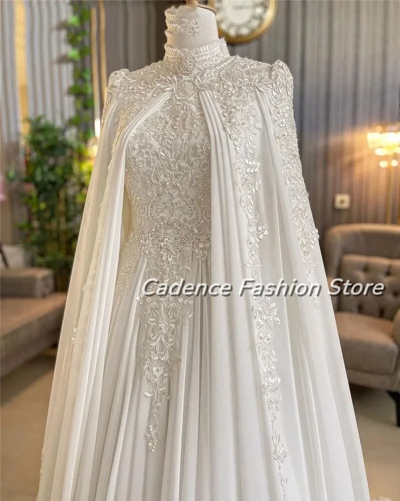 فستان زفاف أبيض أنيق مخصص زي العرائس مسلم الرقبة العالية كلمة 2025 الثقيلة مطرز الدانتيل زينة زي العرائس