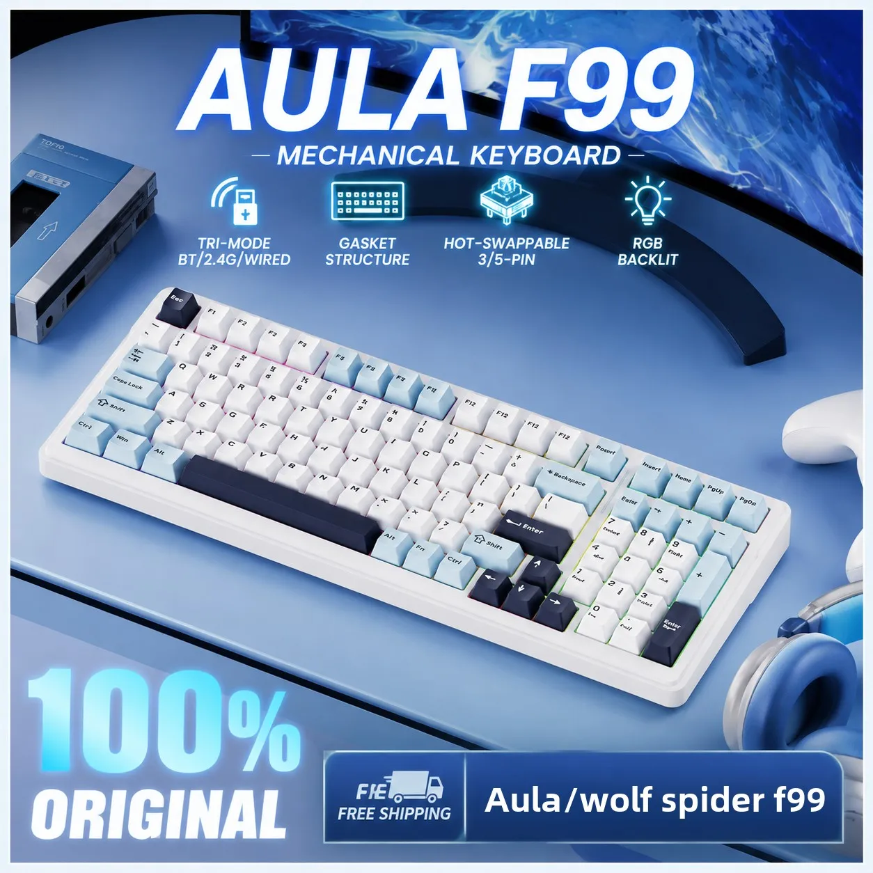 AULA F99PRO 99 Key Gaming Mechanical Keyboard Three Mode Wireless Hot Swappable Gasket Structure Custom Keyboard with Media Knob