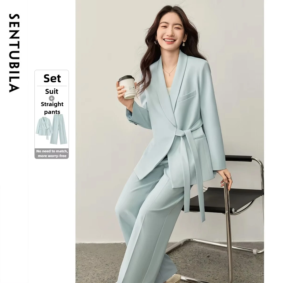 

SENTUBILA Women's Two-Piece Suit 2025 Autumn Lace-Up Waist Coat & Single Pleat Loose Straight Long Pants Lady Outfit 153ZE2509