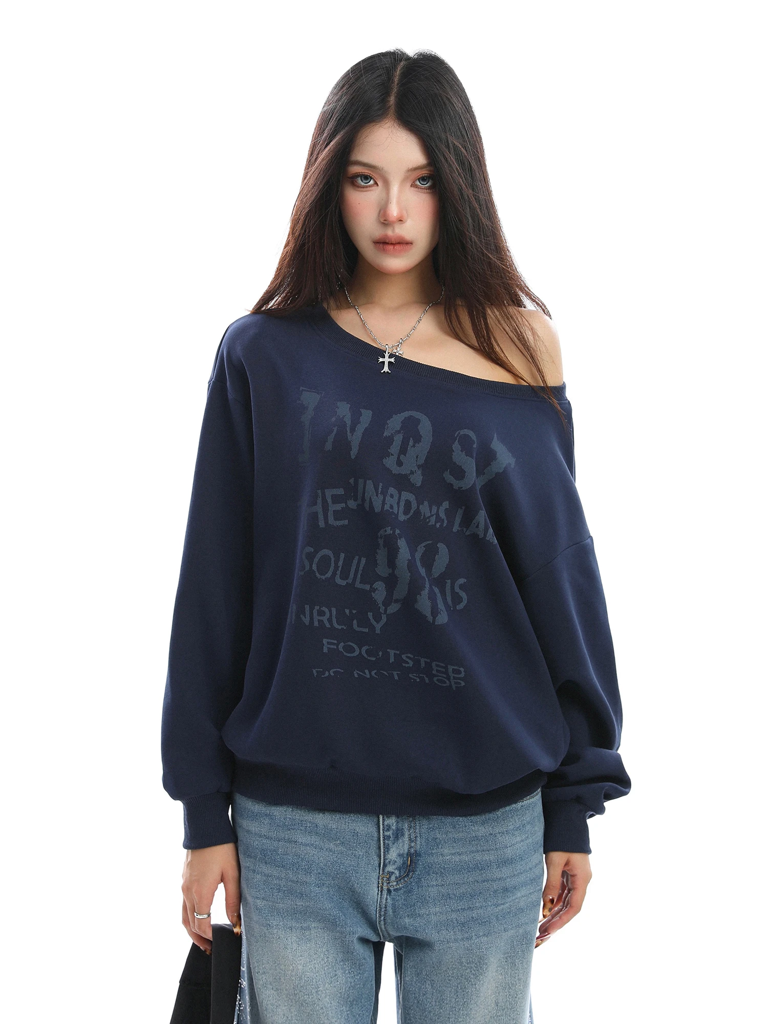 

Американский свитшот с простым буквенным принтом и асимметричным вырезом на плече, женский повседневный свободный топ с длинными рукавами в уличном стиле