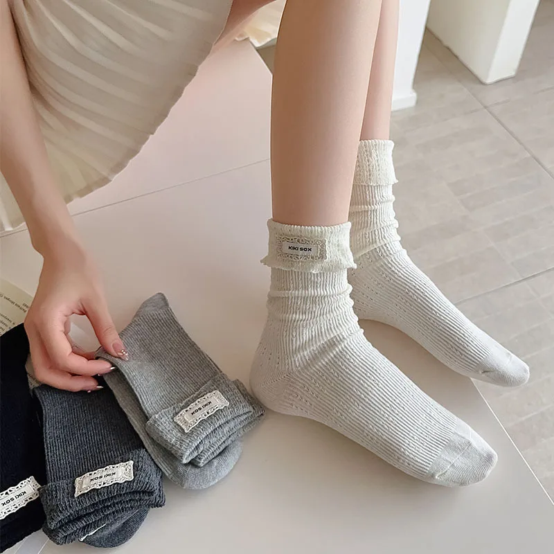 

Solid Color Socks Flanged Socks Women's Cute Cloth Label Medium Tube Stockings for Women Girls Simple Versatile Stockings