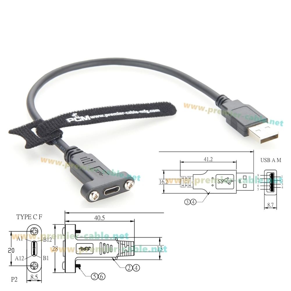 كابل تمديد USB 3.1 C إلى النوع A 3.0 مع قفل لولبي 5 جيجابت في الثانية، سلك أنثى إلى ذكر للأنظمة الصناعية المدمجة