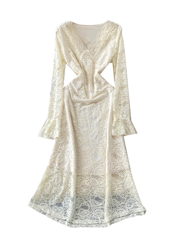 Ele V-ne Bell Sve Dr Falda larga acampanada de viaje Ci de una sola pieza con encaje de terciopelo de alta gama para mujer