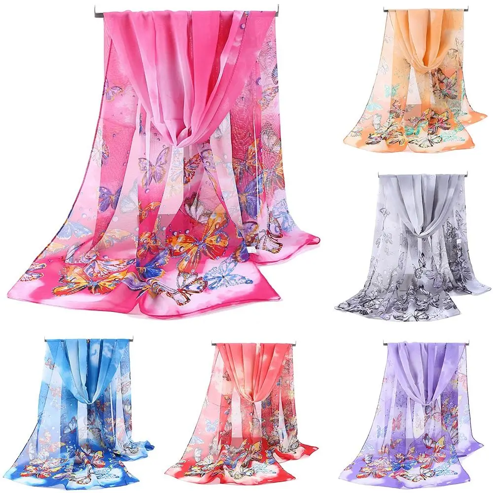 

Fashion 160*50cm Chiffon Scarf Sunscreen Butterfly Print Long Wrap Shawl Gradient Washable Shawl Silk for Women
