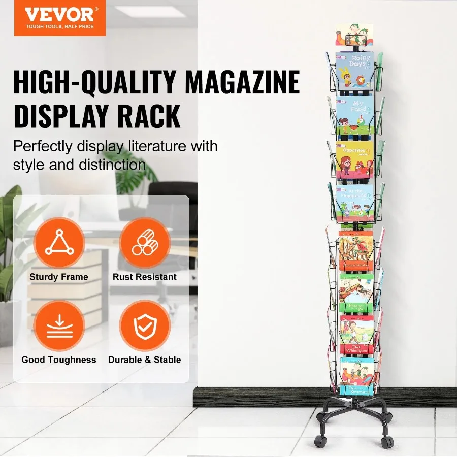 Greeting Cards Display Rack, 32 Pockets Rotating Postcard Brochure Display Stand, 360° Spinning Card Display Rack with Sign Ho