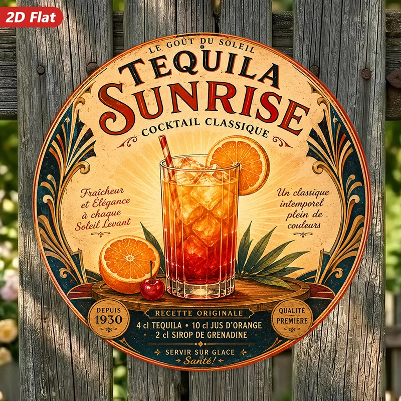2D Flat, 1pc Vintage Cocktail Round Metal Sign Wall Art, Tequila Sunrise Text, Tall Ice Filled Glass, Orange Slices, Cherry Acce