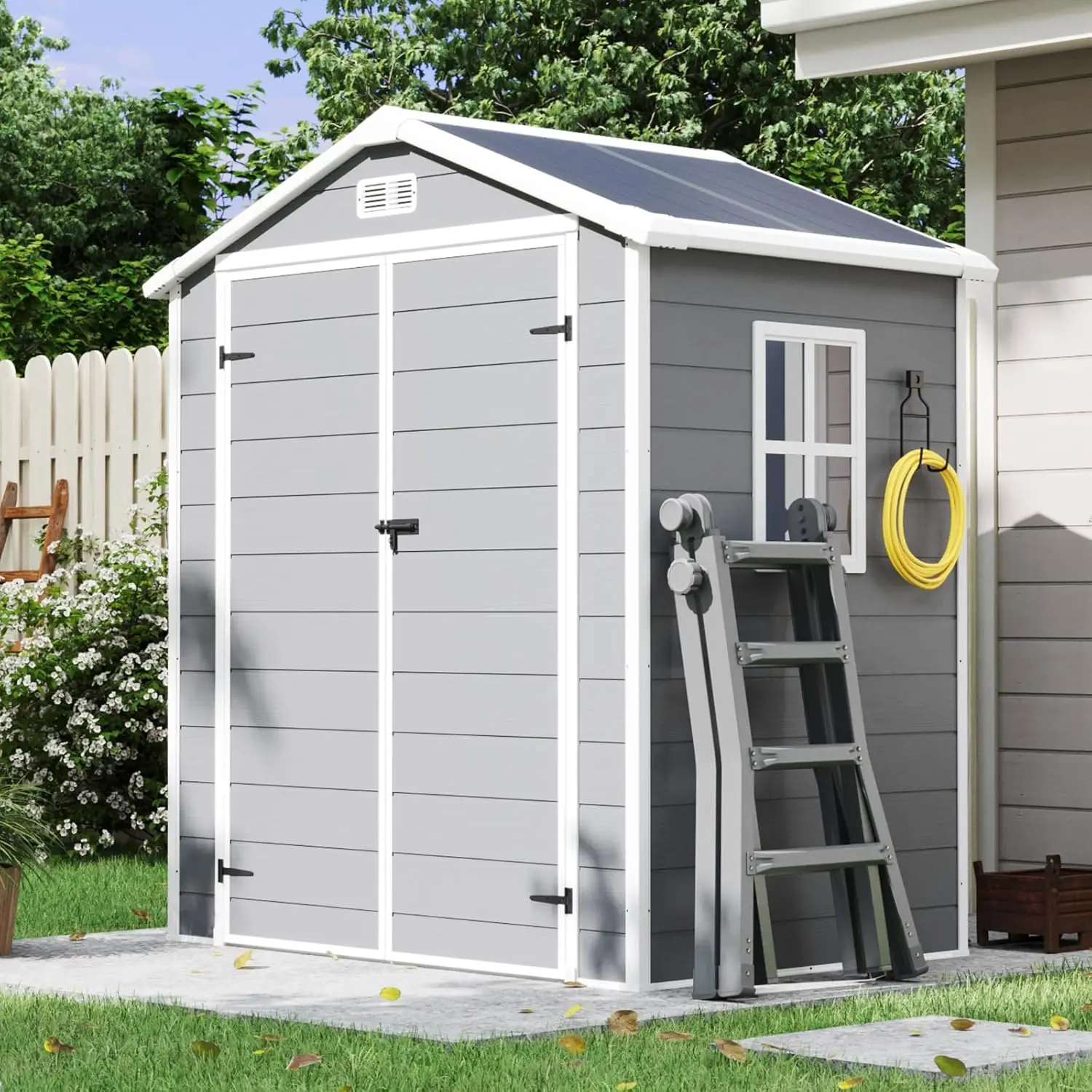 

6x4 Resin Outdoor Storage Shed Reinforced Floor Lockable Door Window Vents Garden Patio Bike Trash Gray, Customized