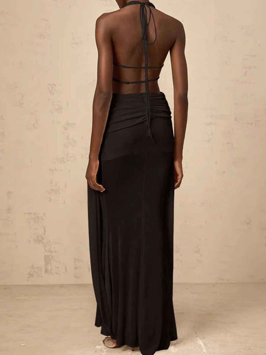 Twotwinstyle sólido emagrecimento emendado oco para fora vestidos para mulheres halter pescoço sem mangas retalhos sheer midi vestido feminino novo